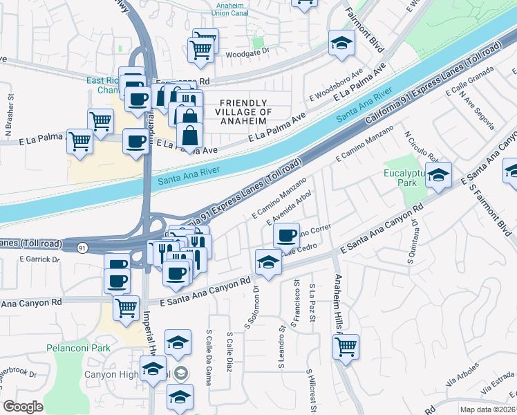 map of restaurants, bars, coffee shops, grocery stores, and more near 5937 East Camino Manzano in Anaheim