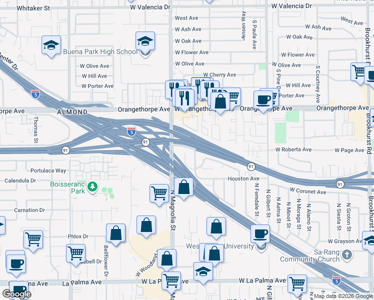 map of restaurants, bars, coffee shops, grocery stores, and more near 1600 Picadilly Way in Fullerton