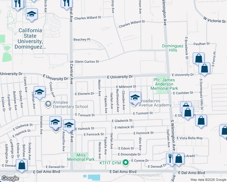 map of restaurants, bars, coffee shops, grocery stores, and more near 19208 Northwood Avenue in Carson