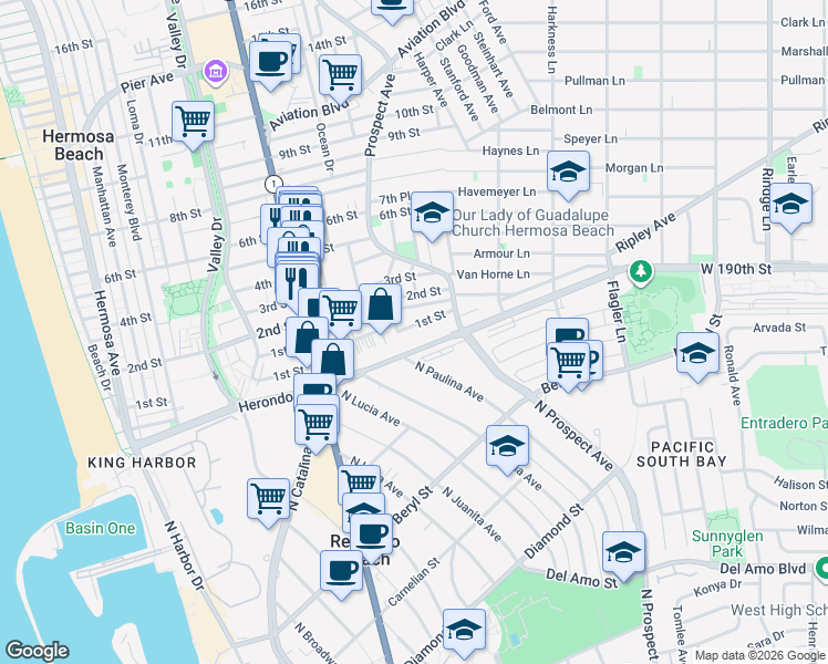map of restaurants, bars, coffee shops, grocery stores, and more near 1206 1st Street in Hermosa Beach