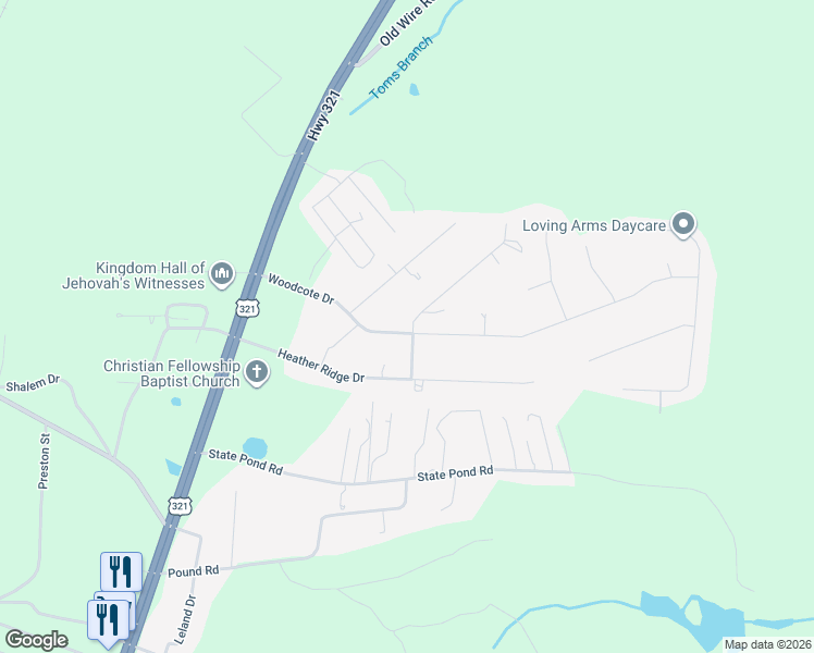 map of restaurants, bars, coffee shops, grocery stores, and more near 185 Woodcote Drive in Gaston