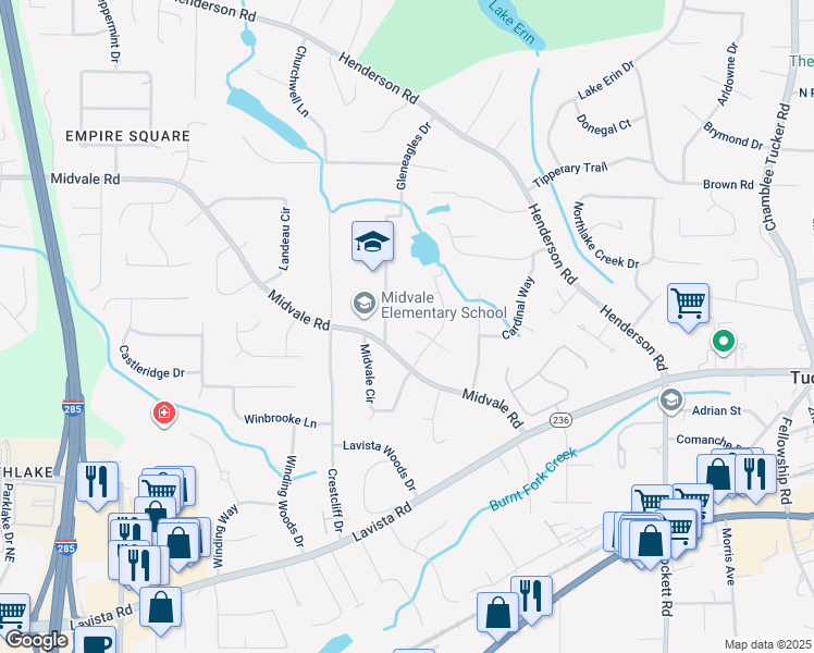 map of restaurants, bars, coffee shops, grocery stores, and more near 3794 West Hayward Court in Tucker