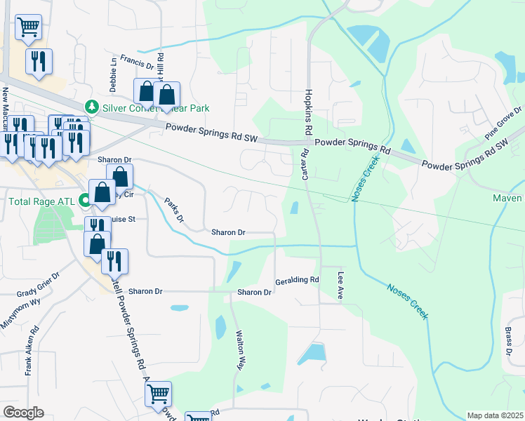 map of restaurants, bars, coffee shops, grocery stores, and more near 4038 Sharon Woods Drive in Powder Springs