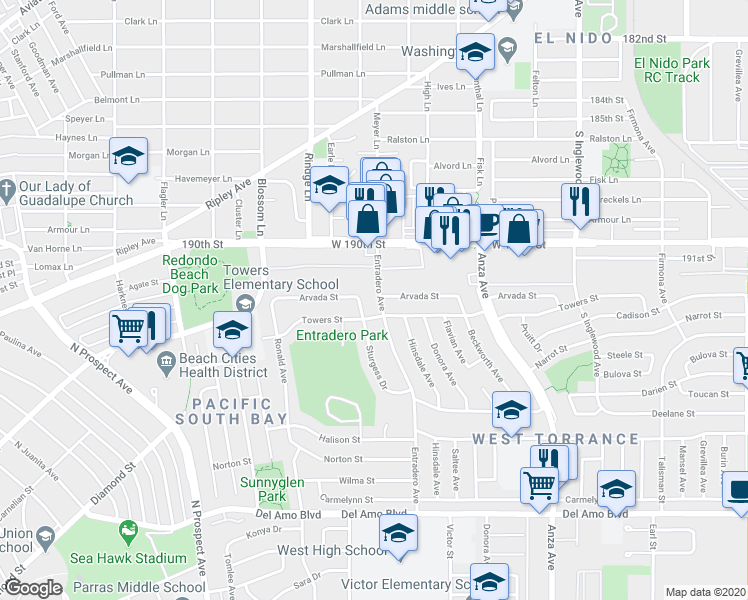 map of restaurants, bars, coffee shops, grocery stores, and more near 19205 Entradero Avenue in Torrance