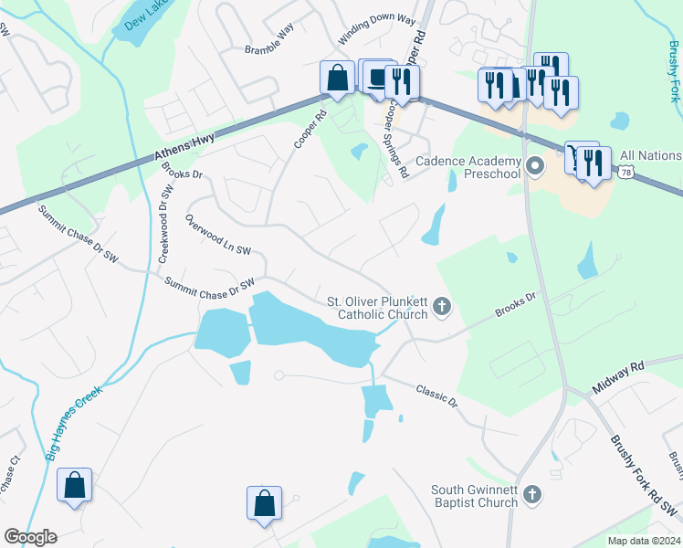 map of restaurants, bars, coffee shops, grocery stores, and more near 3061 Brooks Drive in Snellville