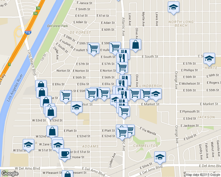 map of restaurants, bars, coffee shops, grocery stores, and more near 473 East 55th Street in Long Beach