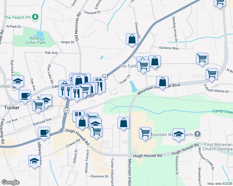 map of restaurants, bars, coffee shops, grocery stores, and more near 2475 Ivey Crest Circle in Tucker