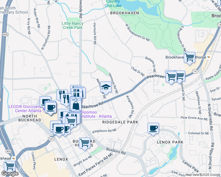 map of restaurants, bars, coffee shops, grocery stores, and more near 3738 Paige Way in Atlanta