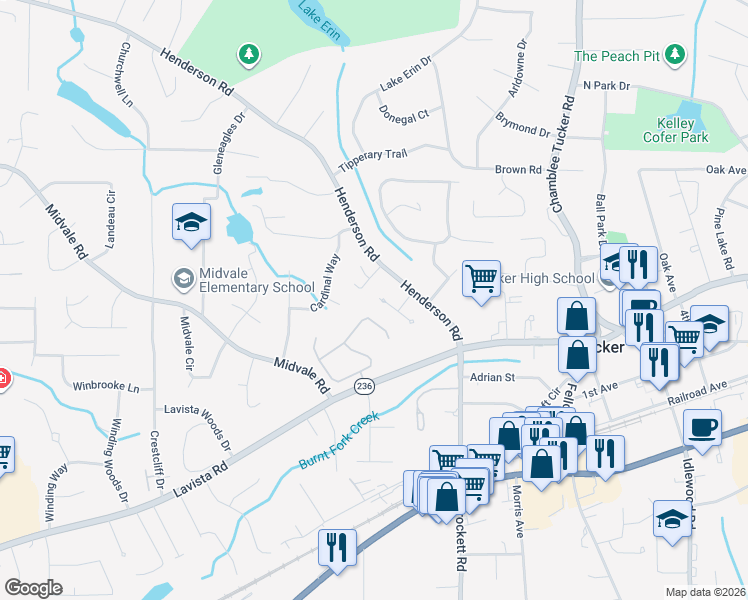 map of restaurants, bars, coffee shops, grocery stores, and more near 2432 Henderson Pines Court in Tucker