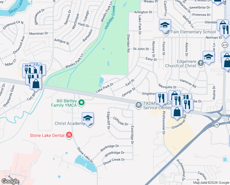 map of restaurants, bars, coffee shops, grocery stores, and more near 4919 Earl Street in Wichita Falls