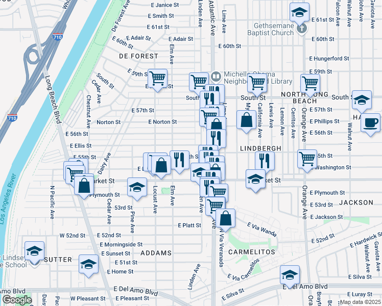 map of restaurants, bars, coffee shops, grocery stores, and more near 484 East Ellis Street in Long Beach