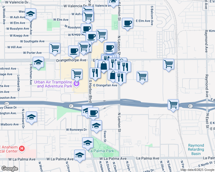 map of restaurants, bars, coffee shops, grocery stores, and more near 51 Orangefair Avenue in Fullerton
