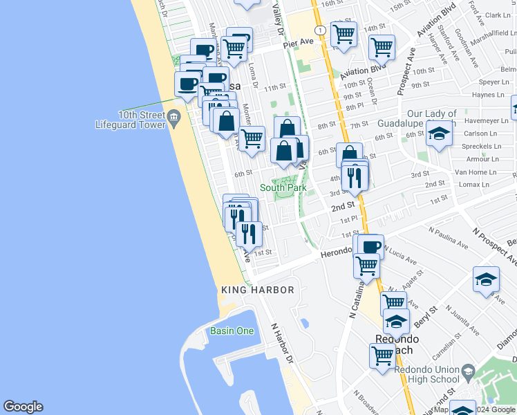 map of restaurants, bars, coffee shops, grocery stores, and more near 319 Bayview Drive in Hermosa Beach
