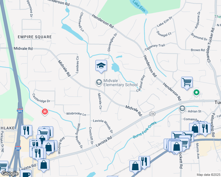 map of restaurants, bars, coffee shops, grocery stores, and more near 2511 Gleneagles Drive in Tucker