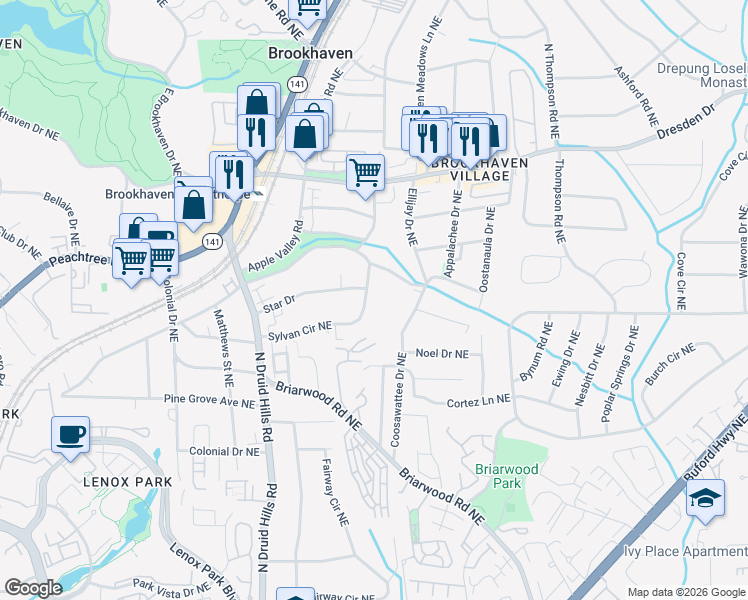 map of restaurants, bars, coffee shops, grocery stores, and more near 1408 Sylvan Circle Northeast in Atlanta