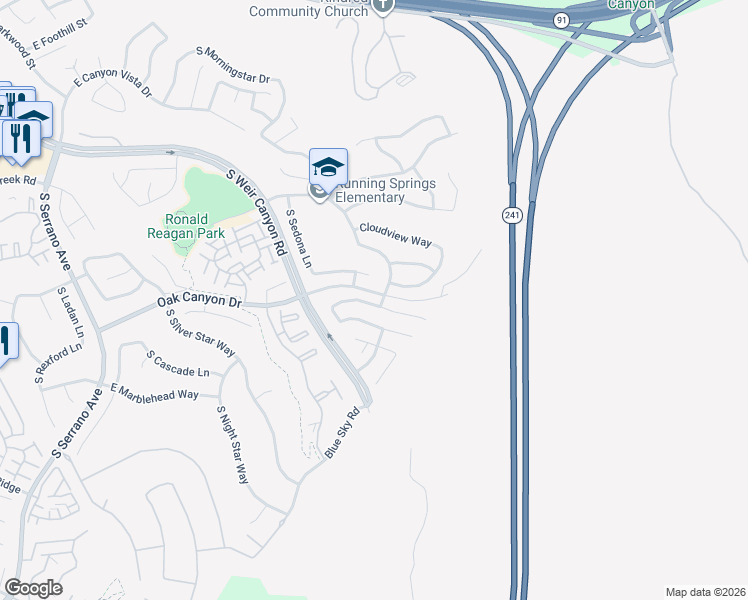 map of restaurants, bars, coffee shops, grocery stores, and more near 8794 Running Springs Drive in Anaheim