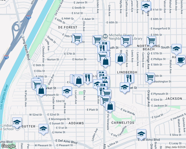map of restaurants, bars, coffee shops, grocery stores, and more near 473 East 55th Street in Long Beach