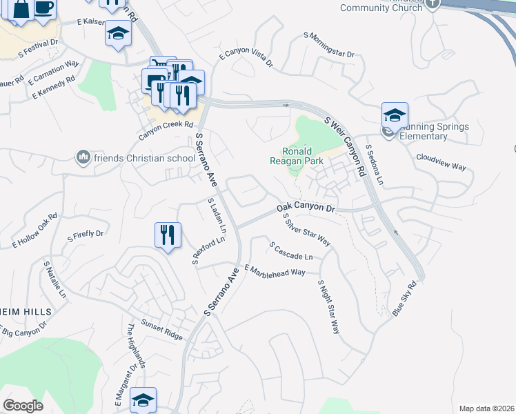 map of restaurants, bars, coffee shops, grocery stores, and more near 8226 East White Fir Lane in Anaheim
