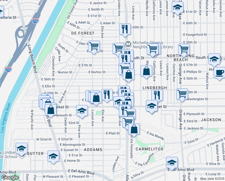 map of restaurants, bars, coffee shops, grocery stores, and more near 465 East 55th Street in Long Beach
