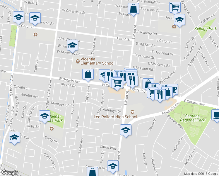 map of restaurants, bars, coffee shops, grocery stores, and more near 220 West Ontario Avenue in Corona