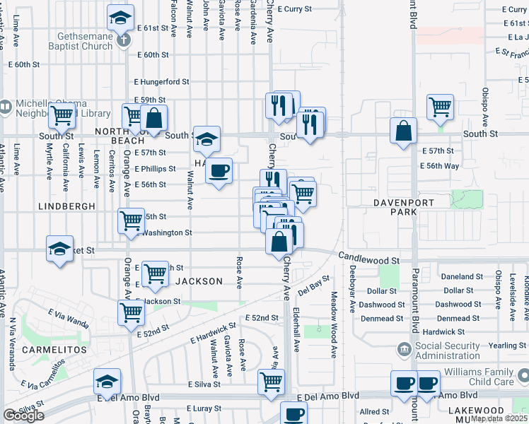 map of restaurants, bars, coffee shops, grocery stores, and more near 5503 Cherry Avenue in Long Beach