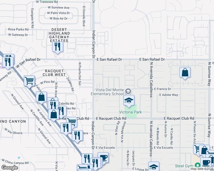 map of restaurants, bars, coffee shops, grocery stores, and more near 2845 East Wyman Drive in Palm Springs