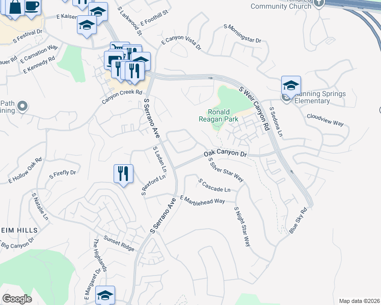 map of restaurants, bars, coffee shops, grocery stores, and more near 8236 East White Fir Lane in Anaheim