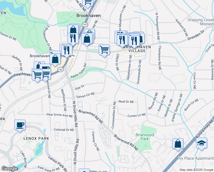 map of restaurants, bars, coffee shops, grocery stores, and more near 1400 Sylvan Circle Northeast in Brookhaven