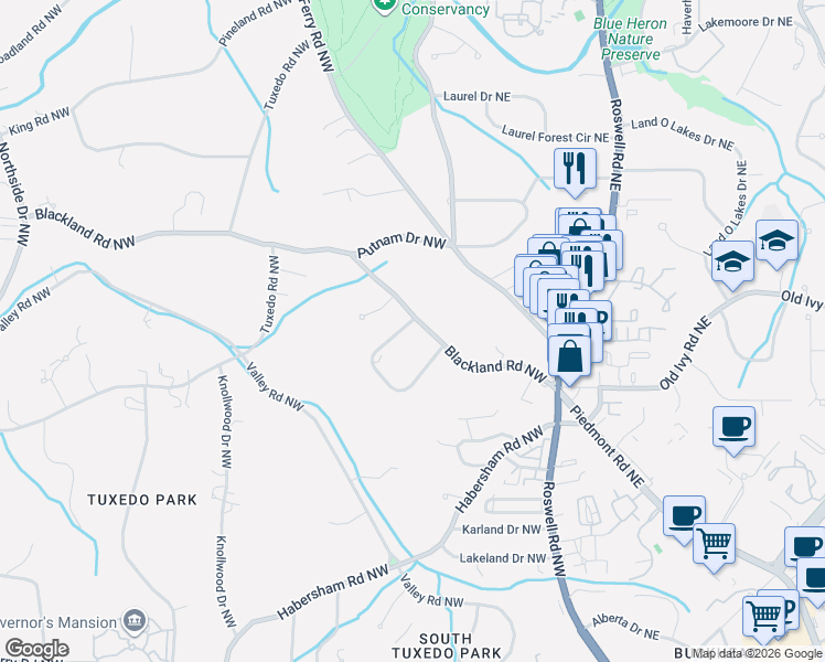 map of restaurants, bars, coffee shops, grocery stores, and more near 82 Blackland Road Northwest in Atlanta
