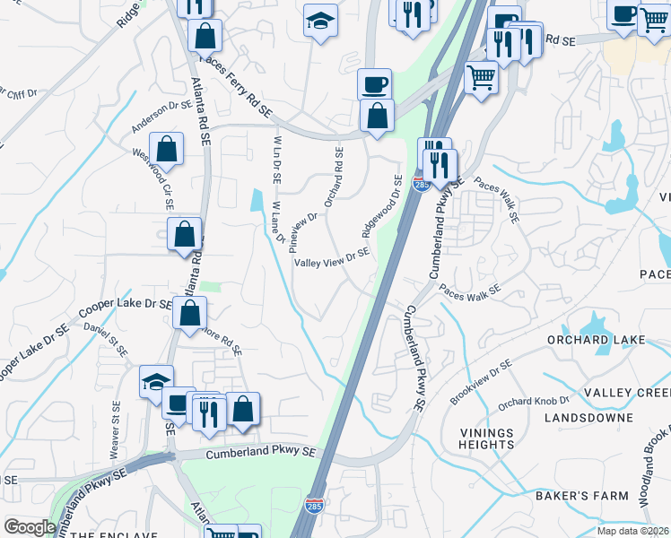 map of restaurants, bars, coffee shops, grocery stores, and more near 2331 Valleyview Drive in Smyrna