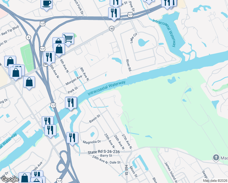map of restaurants, bars, coffee shops, grocery stores, and more near 2713 Ships Wheel Drive in North Myrtle Beach