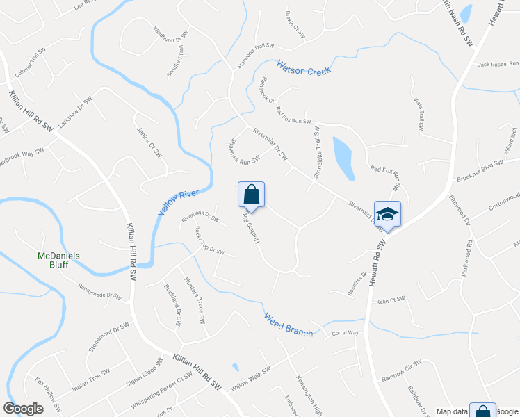 map of restaurants, bars, coffee shops, grocery stores, and more near 3885 Hunting Ridge Drive Southwest in Lilburn