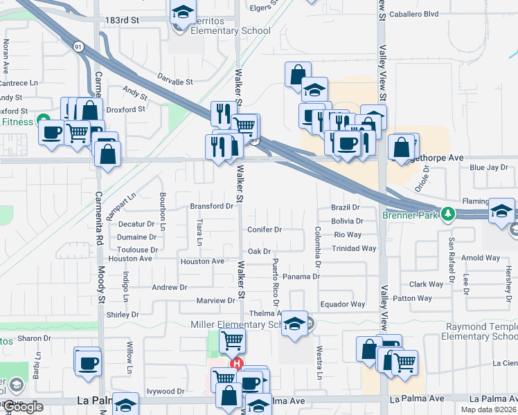 map of restaurants, bars, coffee shops, grocery stores, and more near 7322 Aspen Circle in La Palma