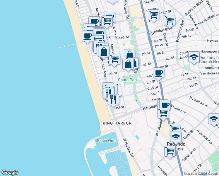 map of restaurants, bars, coffee shops, grocery stores, and more near 109 4th Street in Hermosa Beach