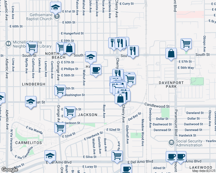 map of restaurants, bars, coffee shops, grocery stores, and more near 1825 East 55th Street in Long Beach