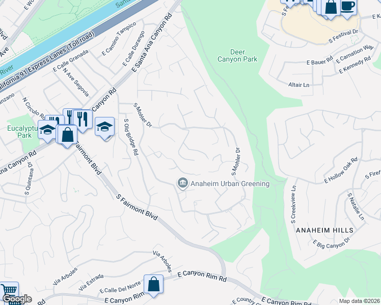 map of restaurants, bars, coffee shops, grocery stores, and more near 335 South Timken Road in Anaheim