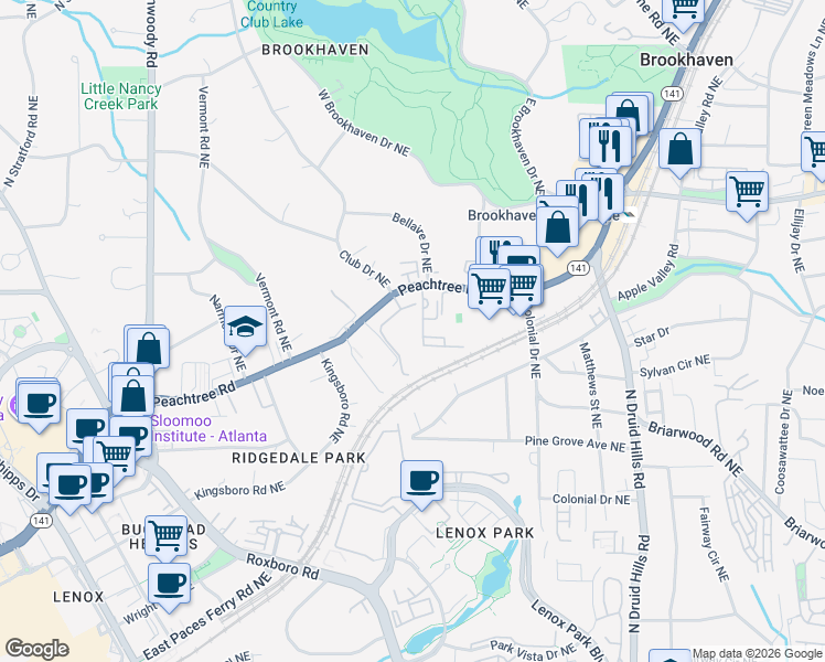 map of restaurants, bars, coffee shops, grocery stores, and more near 3777 Peachtree Road Northeast in Atlanta