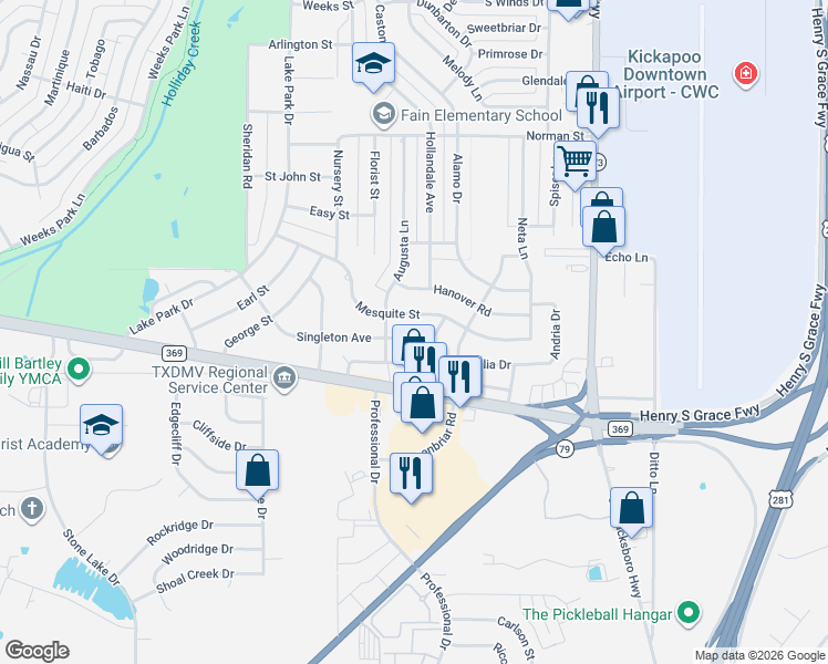 map of restaurants, bars, coffee shops, grocery stores, and more near 1553 Mesquite Street in Wichita Falls