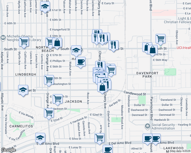 map of restaurants, bars, coffee shops, grocery stores, and more near 1915 East 55th Street in Long Beach