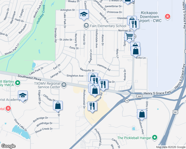 map of restaurants, bars, coffee shops, grocery stores, and more near 1553 Mesquite Street in Wichita Falls