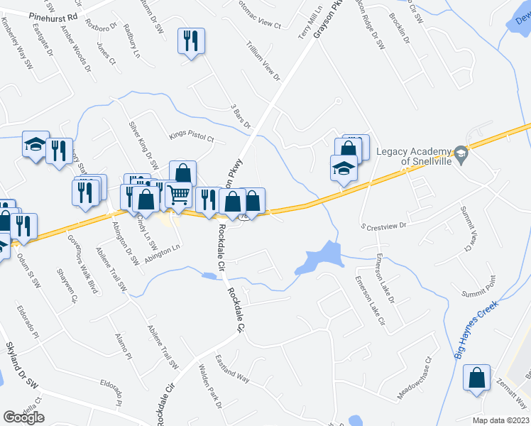 map of restaurants, bars, coffee shops, grocery stores, and more near 1860 Athens Highway in Snellville