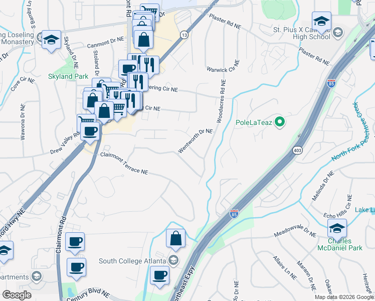 map of restaurants, bars, coffee shops, grocery stores, and more near 2063 Malabar Drive Northeast in Atlanta