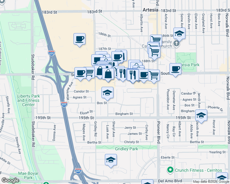 map of restaurants, bars, coffee shops, grocery stores, and more near 19209 Sheryl Avenue in Cerritos