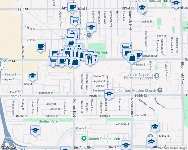 map of restaurants, bars, coffee shops, grocery stores, and more near 19140 Albert Avenue in Cerritos