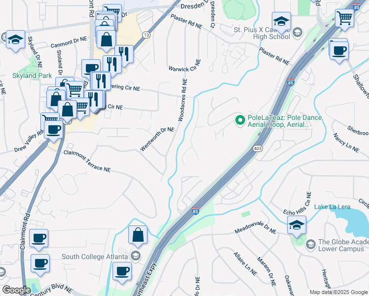 map of restaurants, bars, coffee shops, grocery stores, and more near 2426 Rhineland Court Northeast in Atlanta