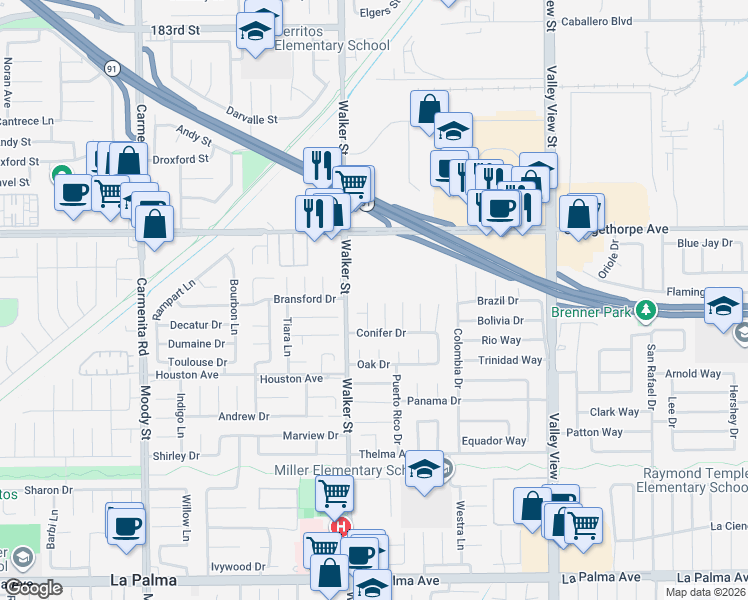 map of restaurants, bars, coffee shops, grocery stores, and more near 7312 Aspen Circle in La Palma