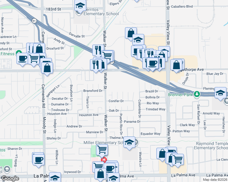 map of restaurants, bars, coffee shops, grocery stores, and more near 7322 Aspen Circle in La Palma