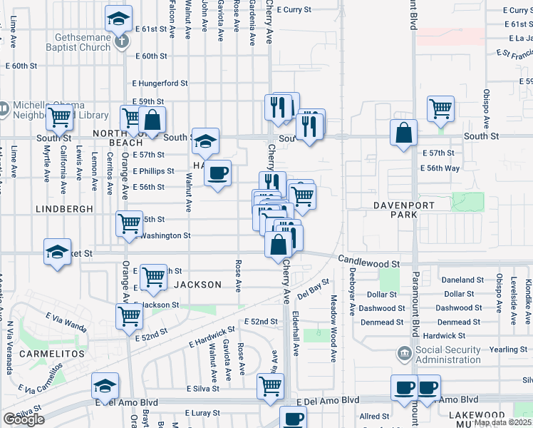 map of restaurants, bars, coffee shops, grocery stores, and more near 5525 Cherry Avenue in Long Beach