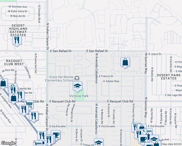 map of restaurants, bars, coffee shops, grocery stores, and more near 944 Sundance Circle South in Palm Springs