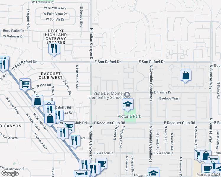 map of restaurants, bars, coffee shops, grocery stores, and more near 2889 North Davis Way in Palm Springs